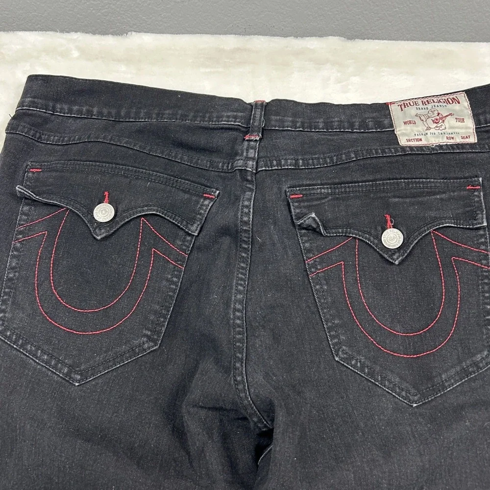 True Religion Ricky Jeans Mens 40 Black Relaxed Straight Red Contrast Stitch